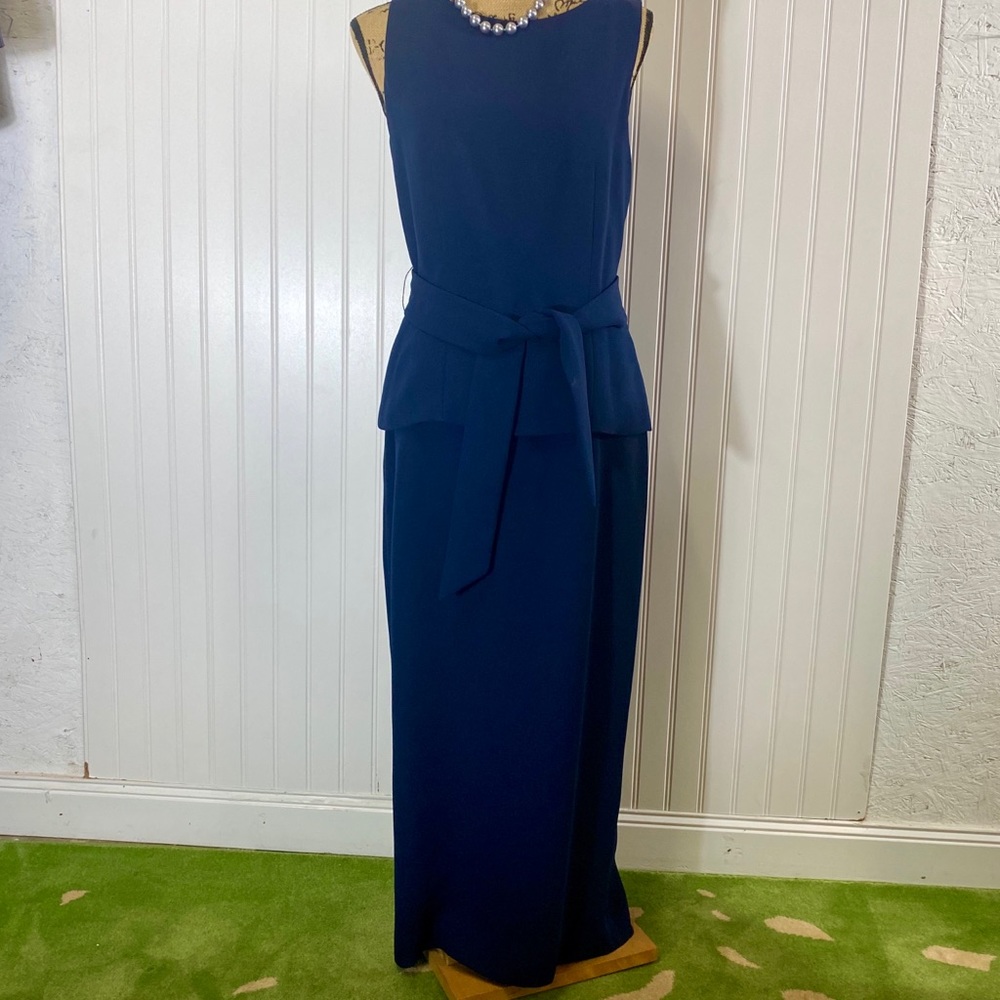 YL by Yair Navy Formal Wedding Blue Peplum Maxi Dress with Belt and Slit a